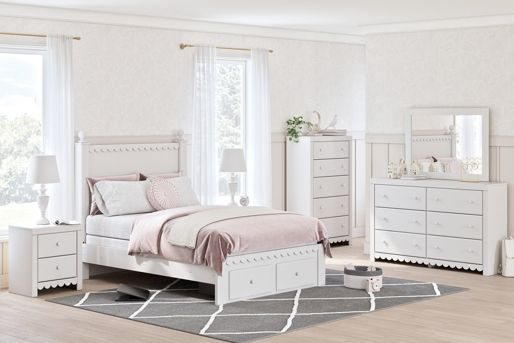 Mollviney Full Panel Bed with Mirrored Dresser, Chest and Nightstand