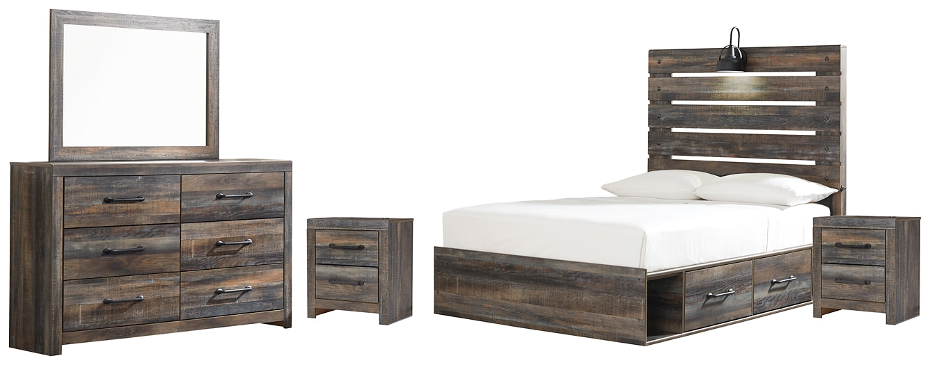 Drystan Full Panel Bed with 4 Storage Drawers with Mirrored Dresser and 2 Nightstands