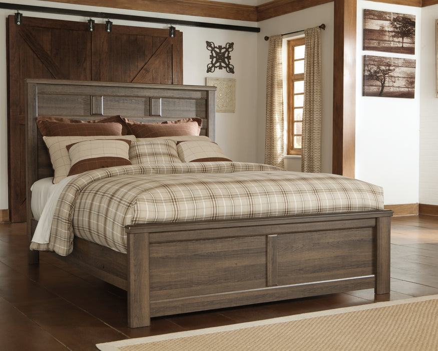 Juararo Queen Panel Bed with Mirrored Dresser, Chest and Nightstand