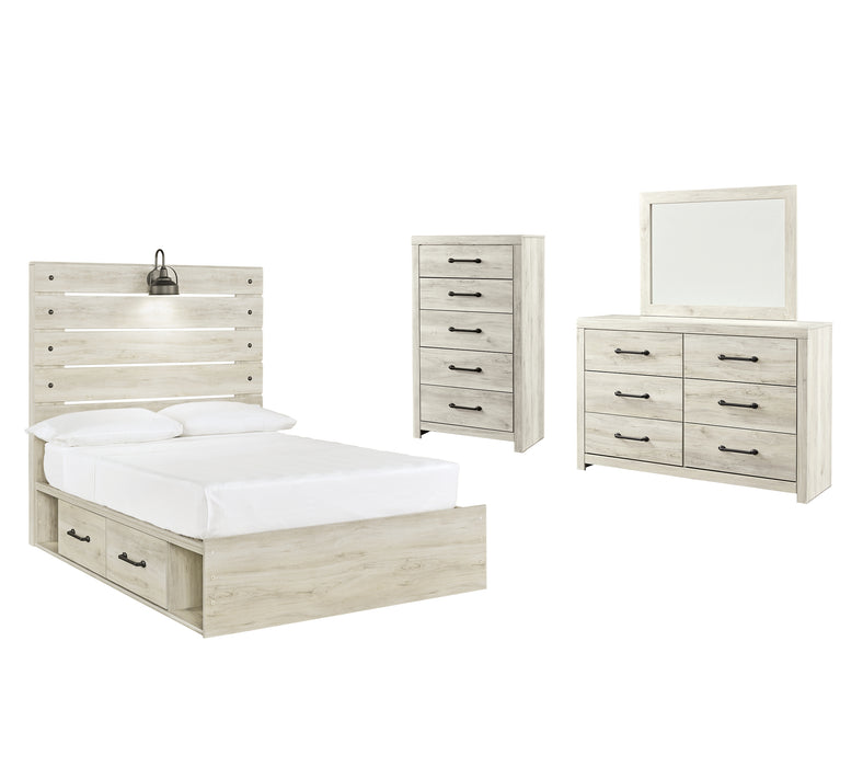 Cambeck Full Panel Bed with 4 Storage Drawers with Mirrored Dresser and Chest