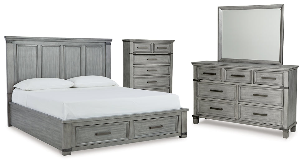 Russelyn King Storage Bed with Mirrored Dresser and Chest