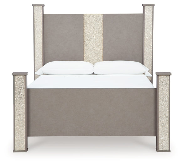 Surancha Queen Poster Bed with Mirrored Dresser, Chest and Nightstand