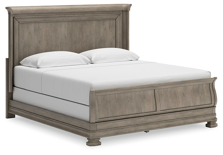 Lexorne King Sleigh Bed with Mirrored Dresser and 2 Nightstands