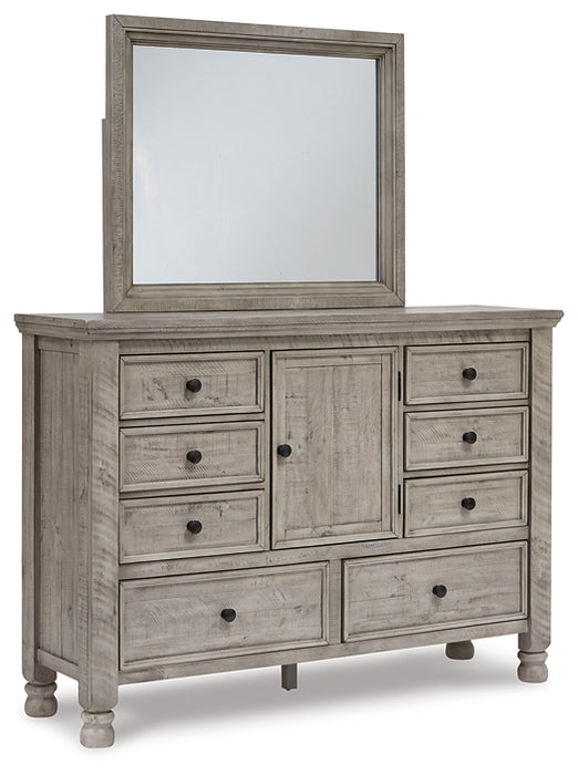 Harrastone Queen Panel Bed with Mirrored Dresser and Chest