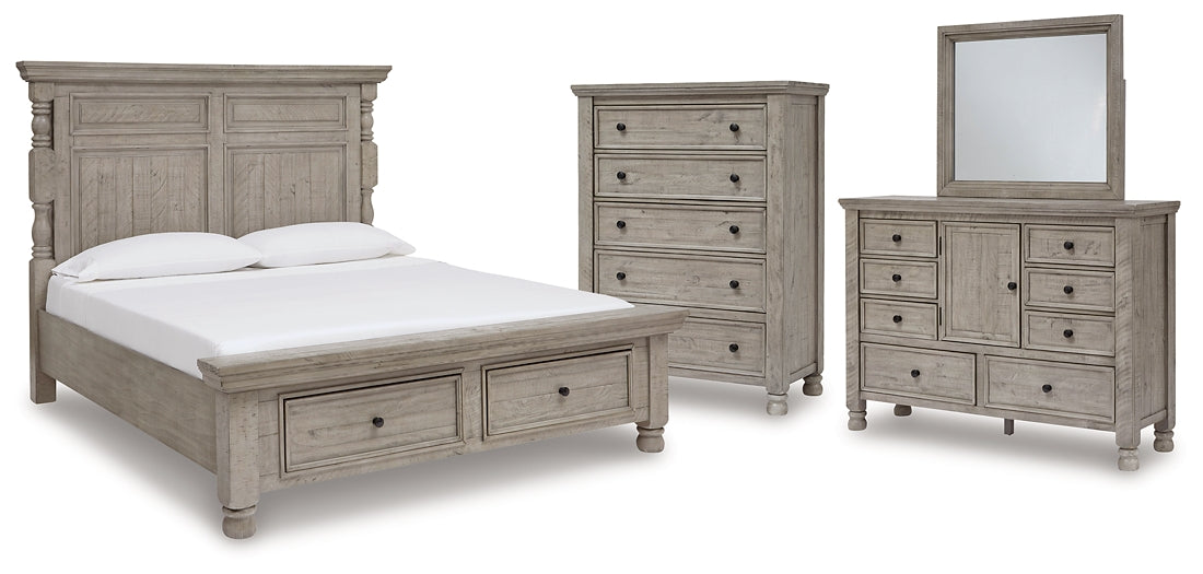 Harrastone Queen Panel Bed with Mirrored Dresser and Chest